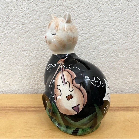 Vintage Ceramic Glazed Cat Piggy Coin Bank Musical Themed Design Violin Music - Picture 3 of 15